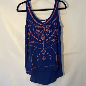 Marisol Tank Top Womens Size Medium Blue Embroidered Neon Pink Boho High Low Hem